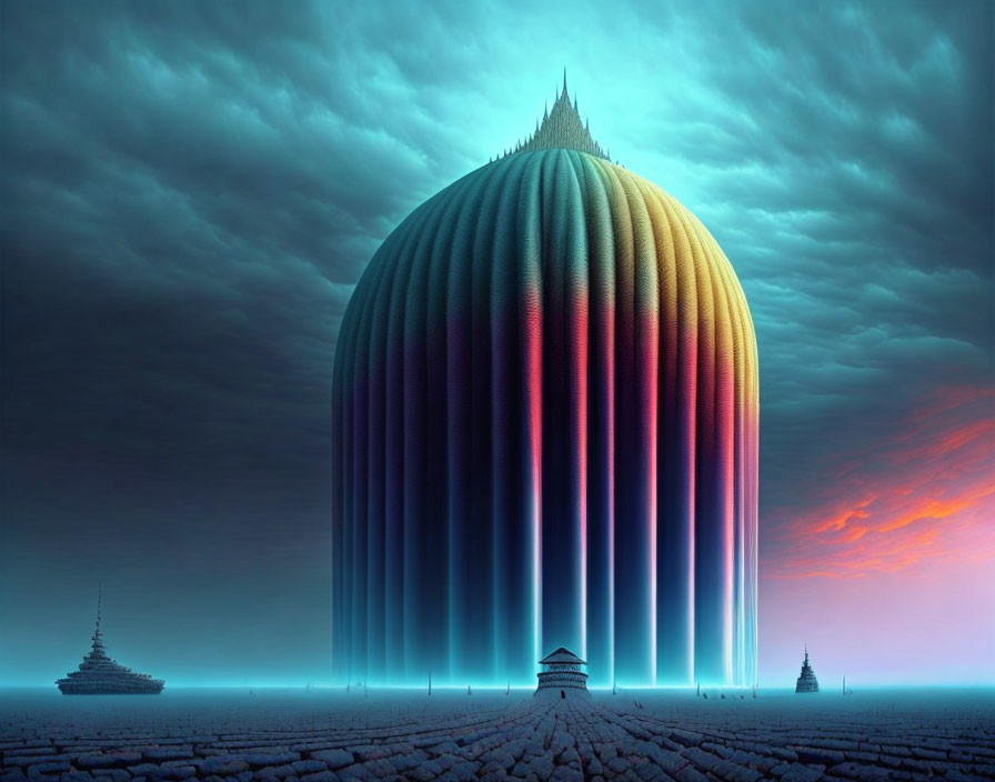 Large dome-like structure in fantastical landscape with radiant beams of light