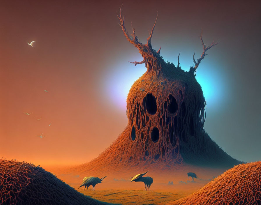 Surreal landscape with tree-like structure, cavernous openings, alien creatures, dusk sky, cres