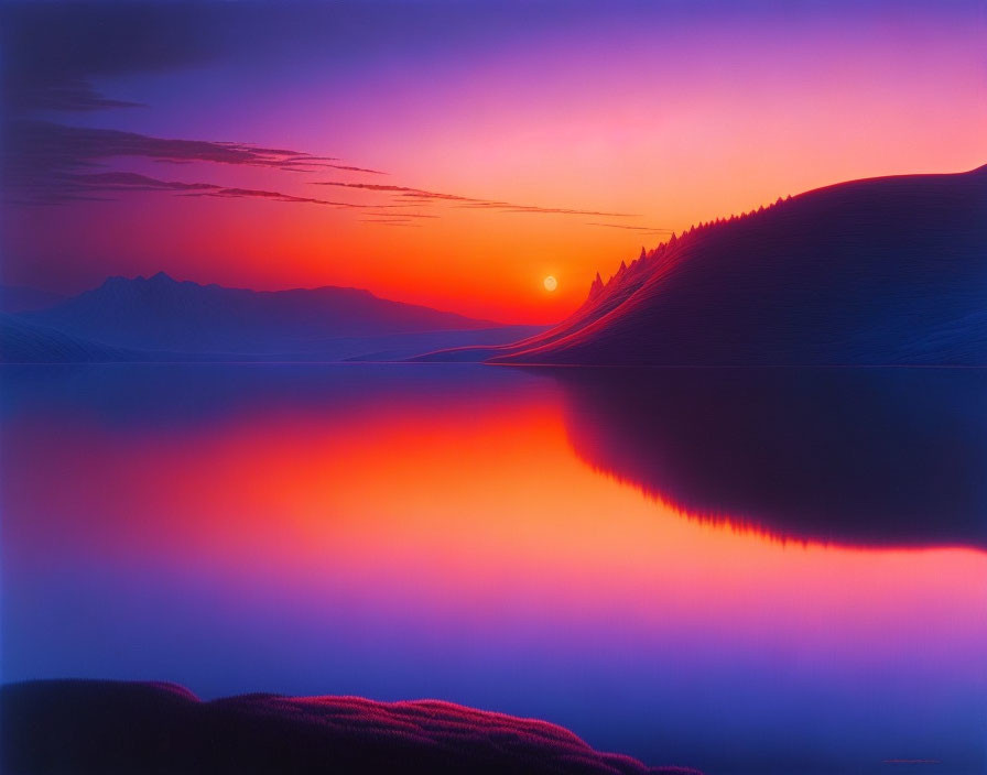 Scenic sunset over calm lake with purple and pink hues