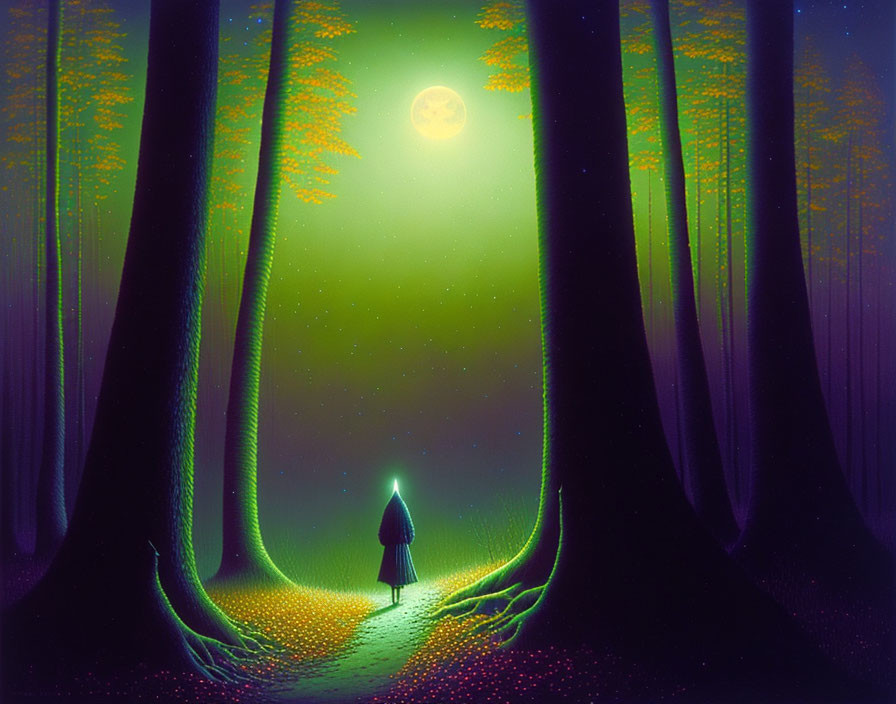 Person in mystical forest under glowing moon