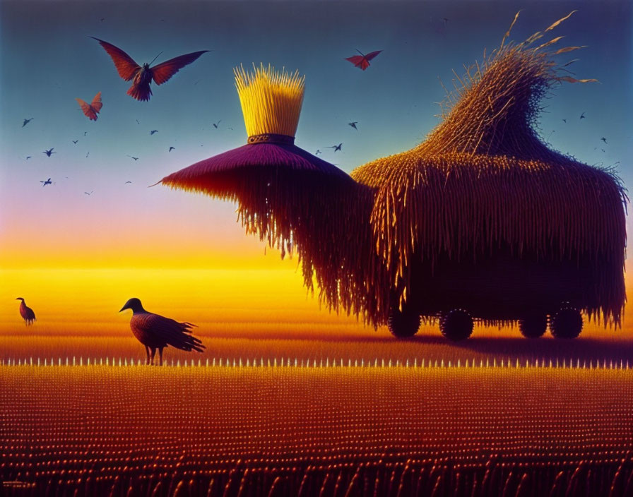 Surreal anthropomorphic haystacks in field at dusk with winged one and birds under gradient sky