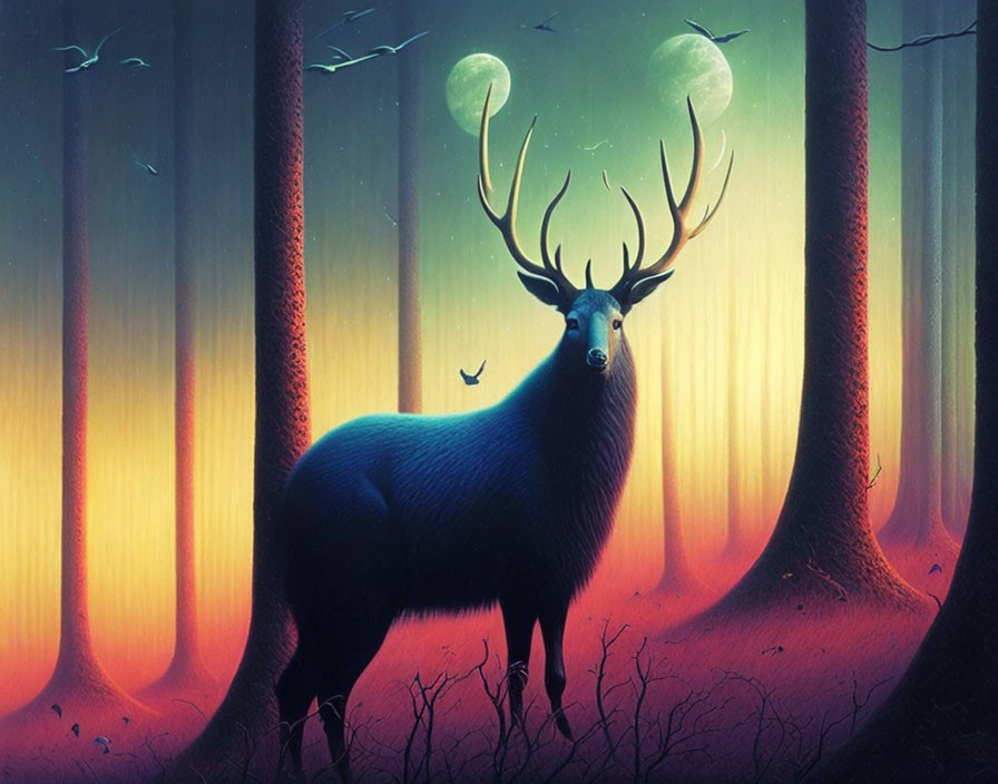 Majestic elk in mystical forest at twilight with two moons and colorful trees