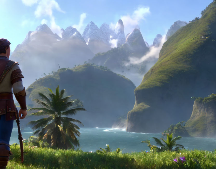 Animated character admires lush green cliffs and misty mountains by tranquil turquoise sea