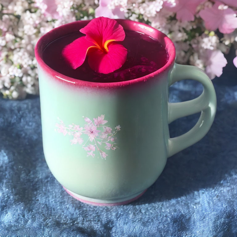 Mint Green Floral Pattern Mug on Blue Surface with Red Flower