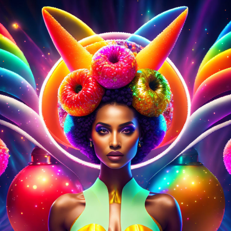 Colorful portrait of a woman with fruit and neon swirls in background