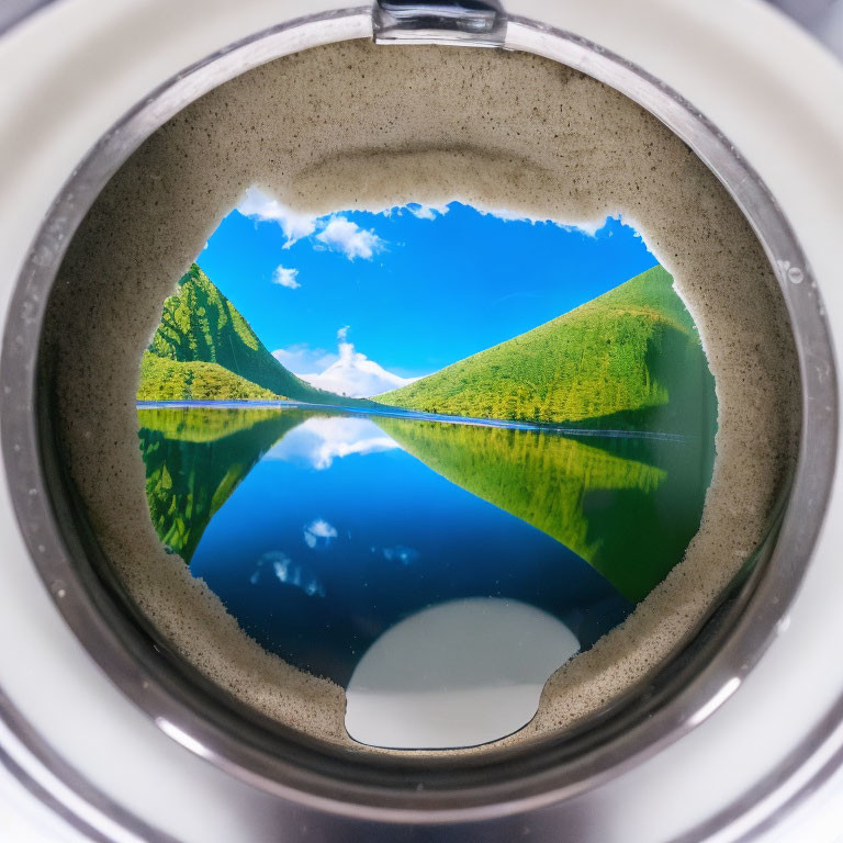 Circular window frames serene lake and green hills view.