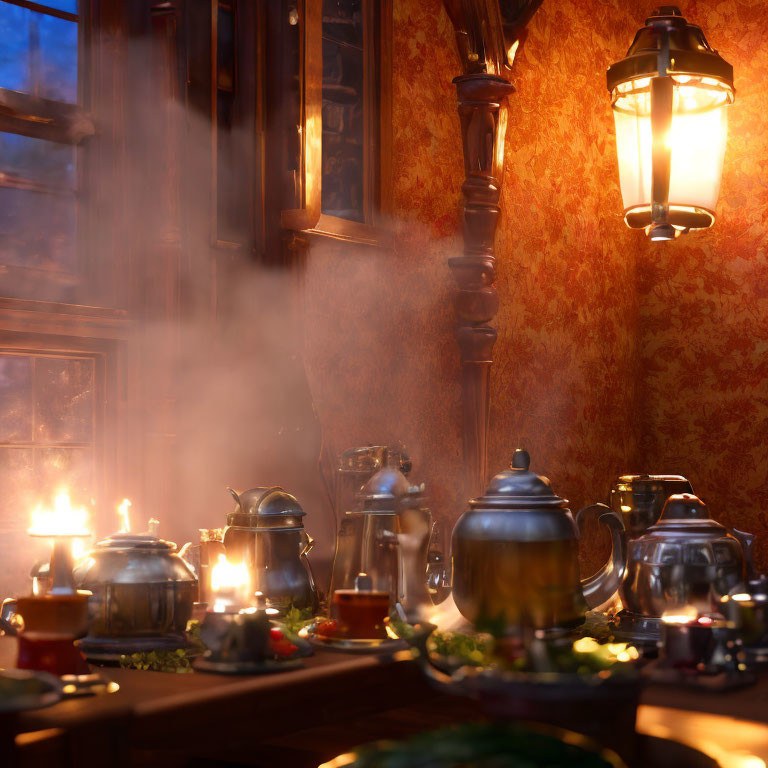 Warm Candlelit Tea Set by Window at Dusk