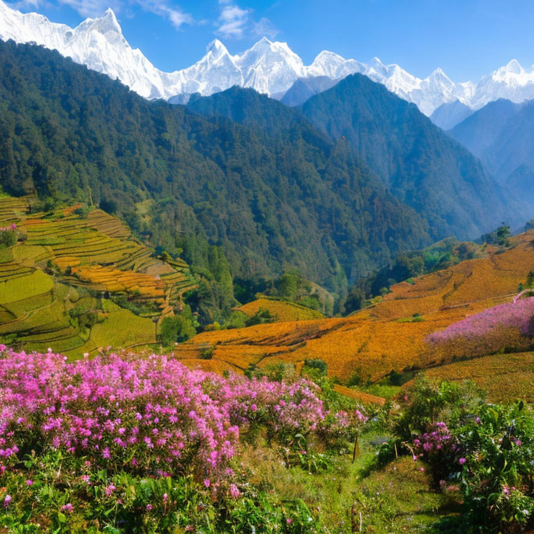 Scenic pink flowers in terraced fields with snowy mountains.