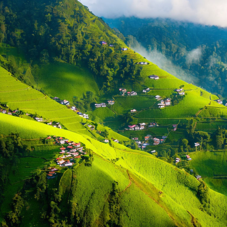 Scenic hillside with lush green terraced fields and rural houses