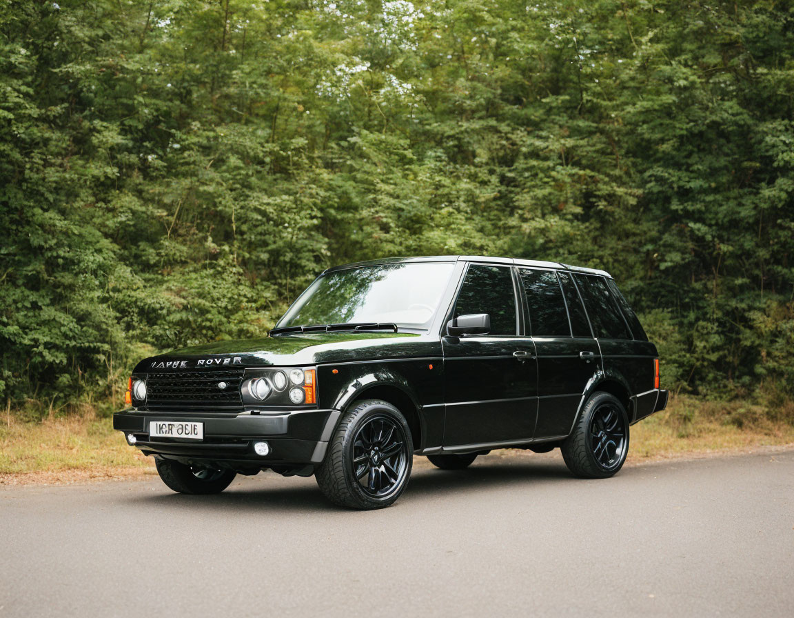 Black Range Rover parked on road with lush forest background