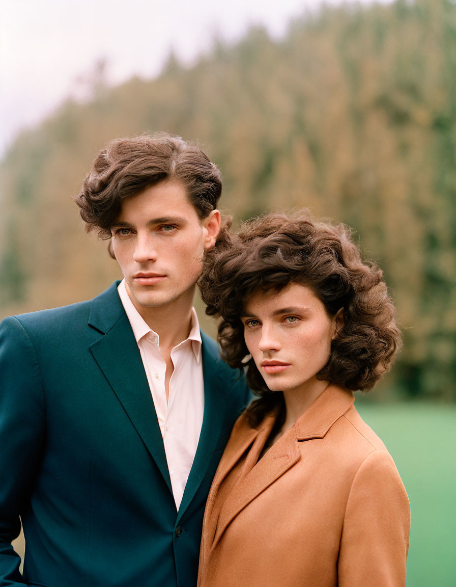 Man in Blue Suit and Woman in Brown Coat with Voluminous Hair Standing Together Outdoors