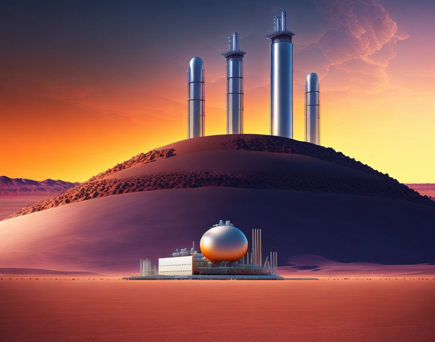 Futuristic industrial complex with cylindrical towers on sand dune under orange sky