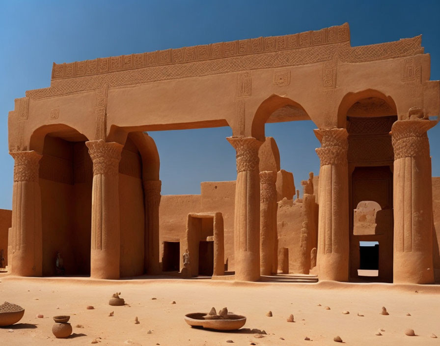 Sandstone arches and ruins with pottery in desert setting