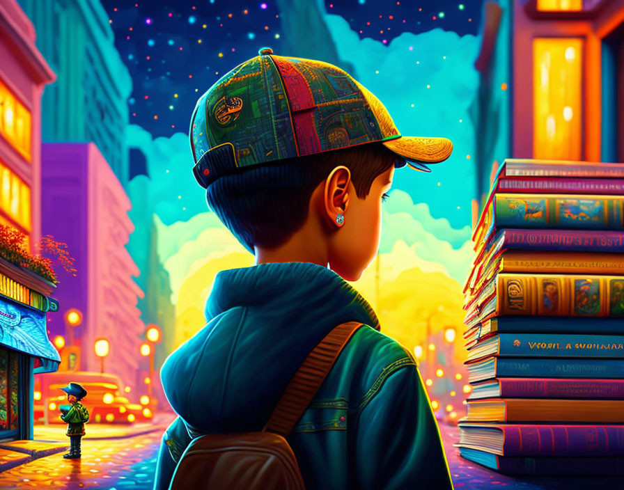 Boy with cap and backpack in city street with stacks of books and neon lights