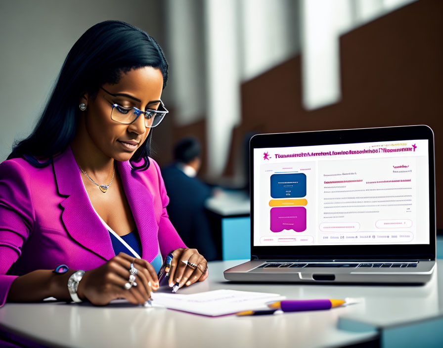Professional woman in pink blazer works on laptop with colorful graphics in well-lit office.