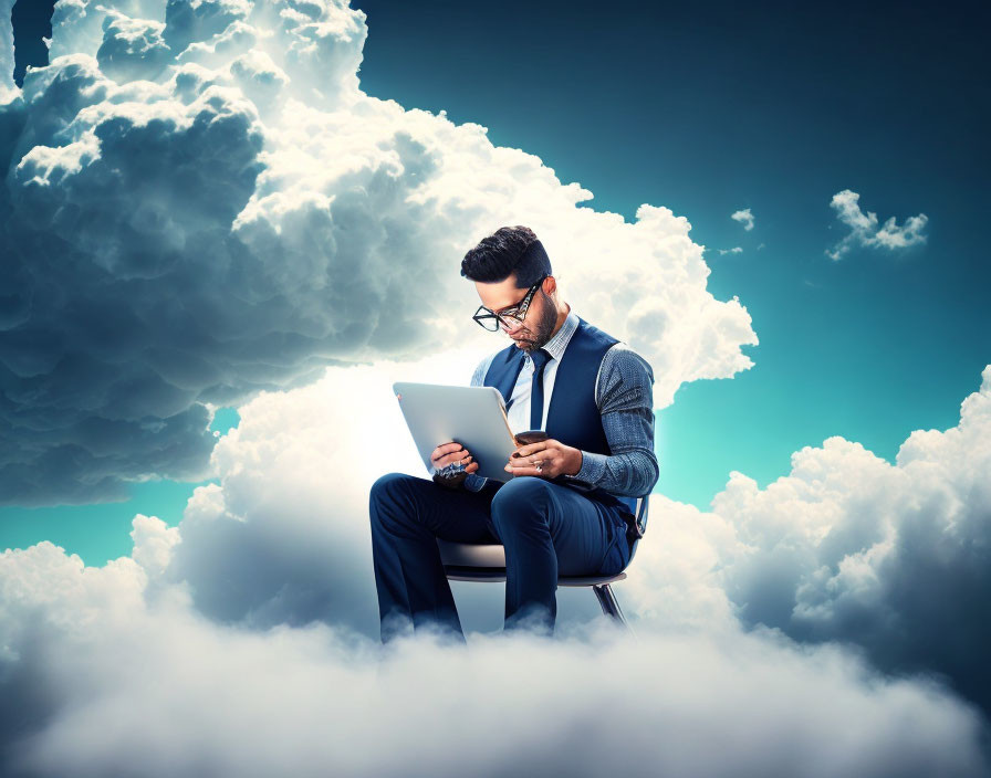 Businessman in suit on white chair amidst clouds with tablet, symbolizing high-concept thought.
