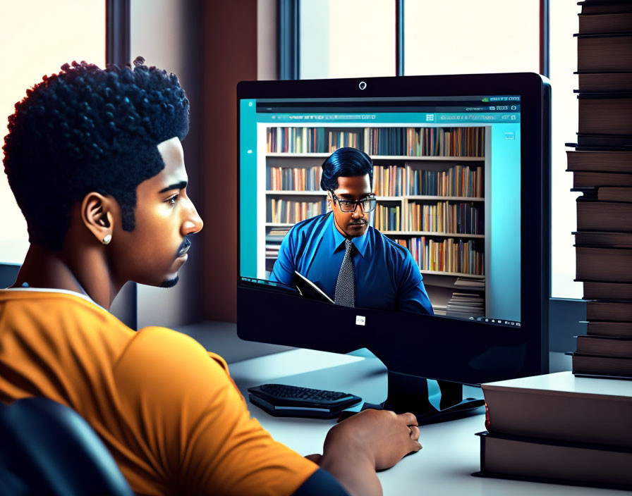 Man in yellow shirt watching online lecture on desktop screen with teacher in blue shirt.