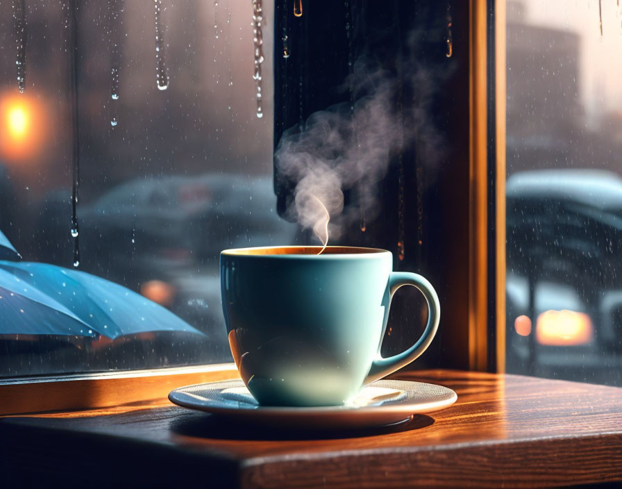 Steaming mug on windowsill with raindrops and blurred cars, creating cozy ambiance