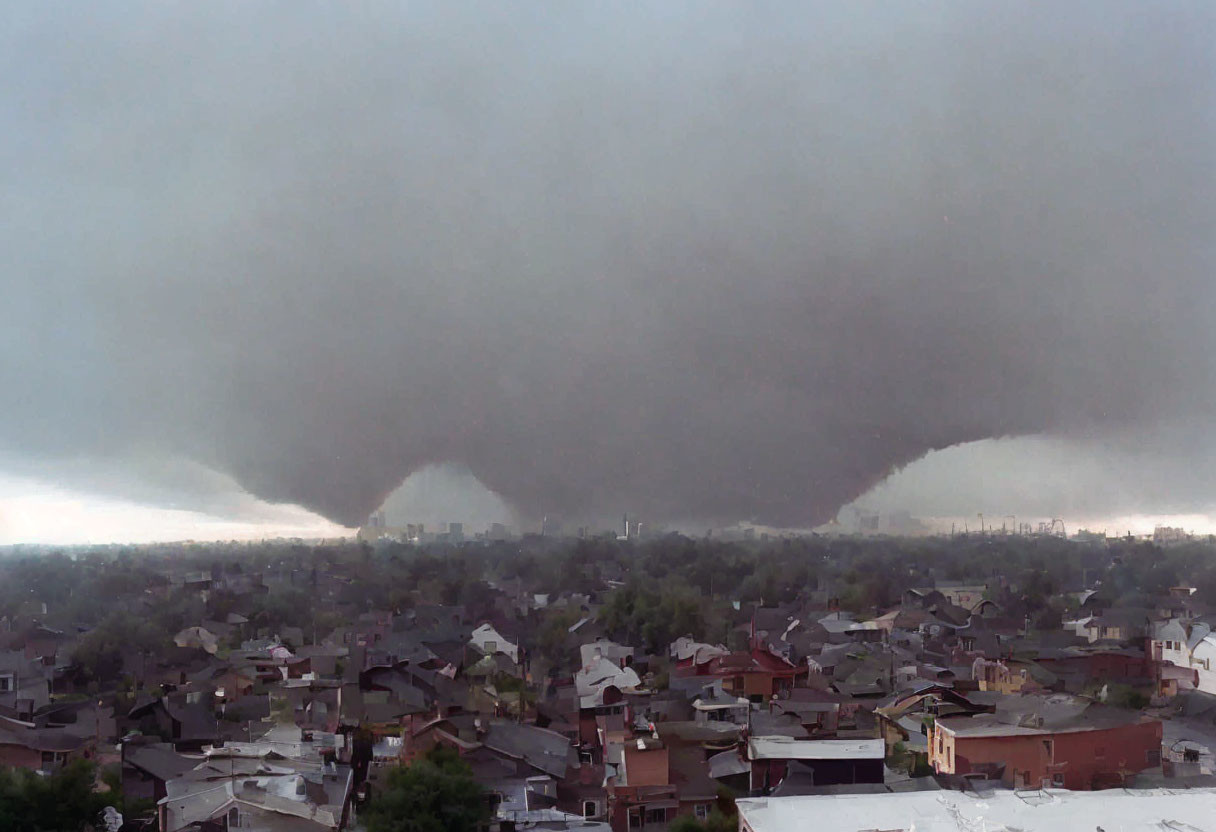 Menacing tornado over residential area with dark clouds - imminent disaster.