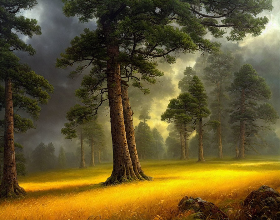 Tranquil forest landscape with tall trees and golden clearing