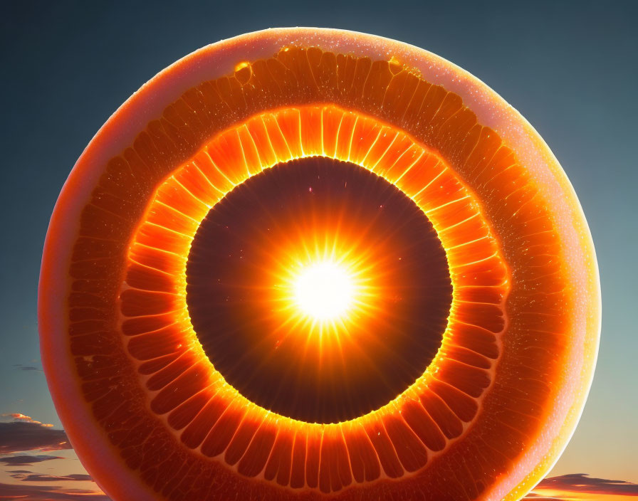 Colorful digital artwork: sliced orange with glowing sun in sunset sky