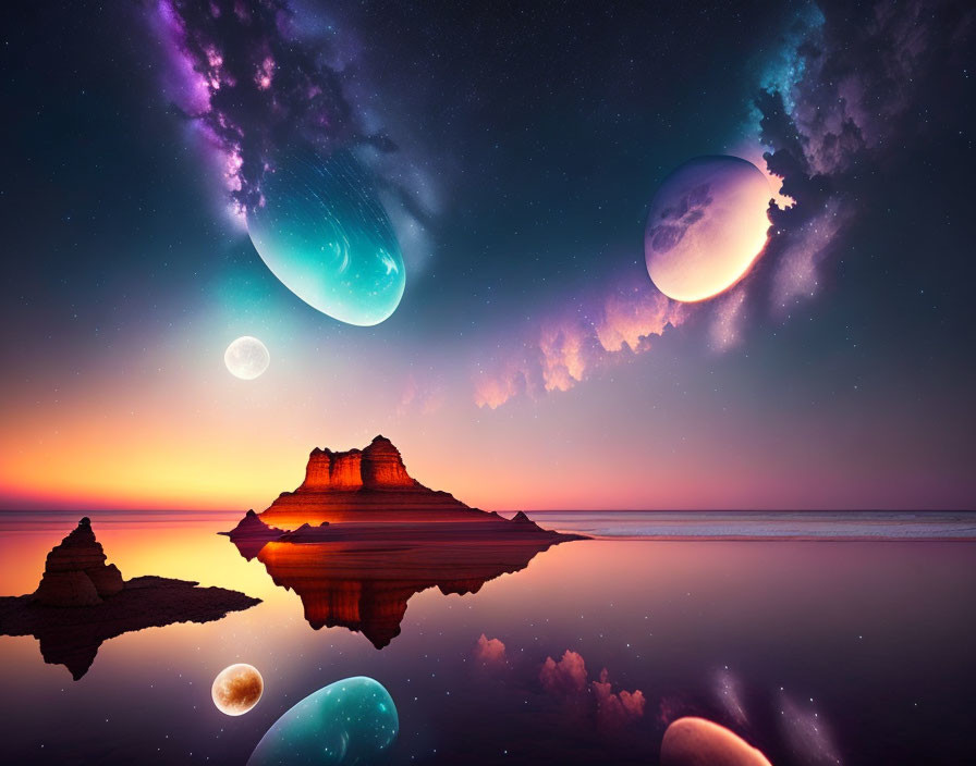 Twilight beach scene with rock formations, surreal planets, and star-filled sky.