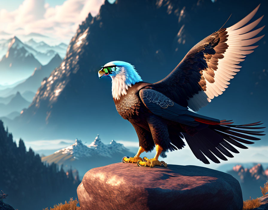 Stylized eagle perched on rock with snow-capped mountains and blue sky