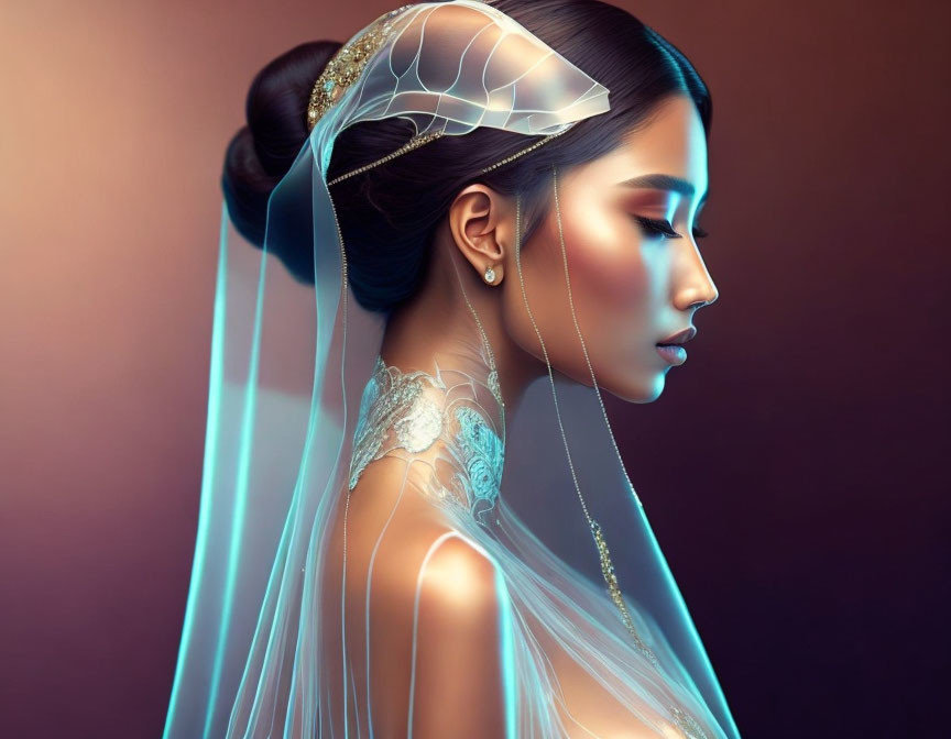 Digital artwork featuring woman with sleek hairstyle, jeweled accessory, translucent veil, lace details