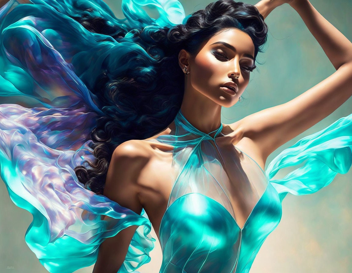 Digital artwork: Woman in flowing turquoise fabric and hair