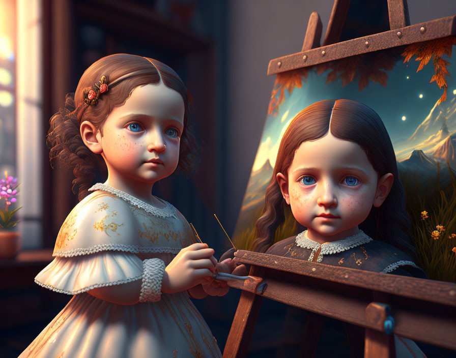 Hyperrealistic animated girls in vintage dresses by easel in sunset-lit room