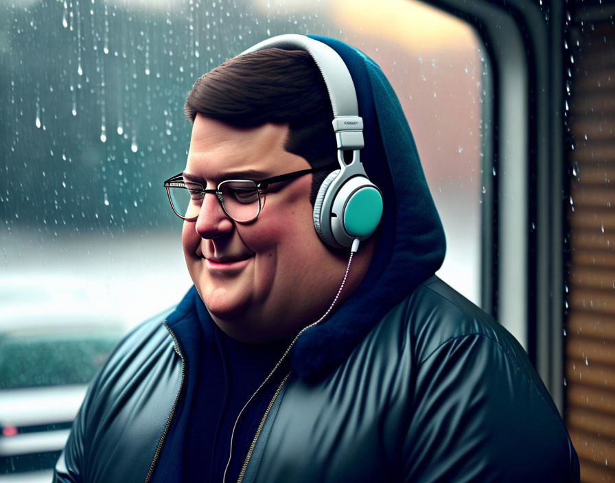 Man in blue puffy jacket with headphones enjoying music on rainy day