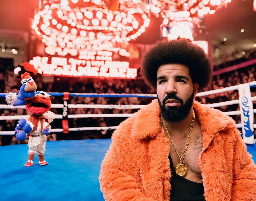 Bearded man in fur coat with puppet at boxing match