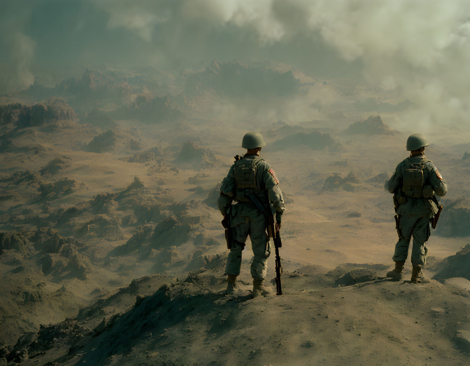 Military soldiers in combat gear surveying rugged mountain landscape under hazy sky