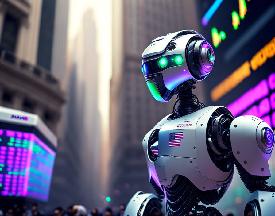 Futuristic humanoid robot with American flag insignia in urban cityscape.