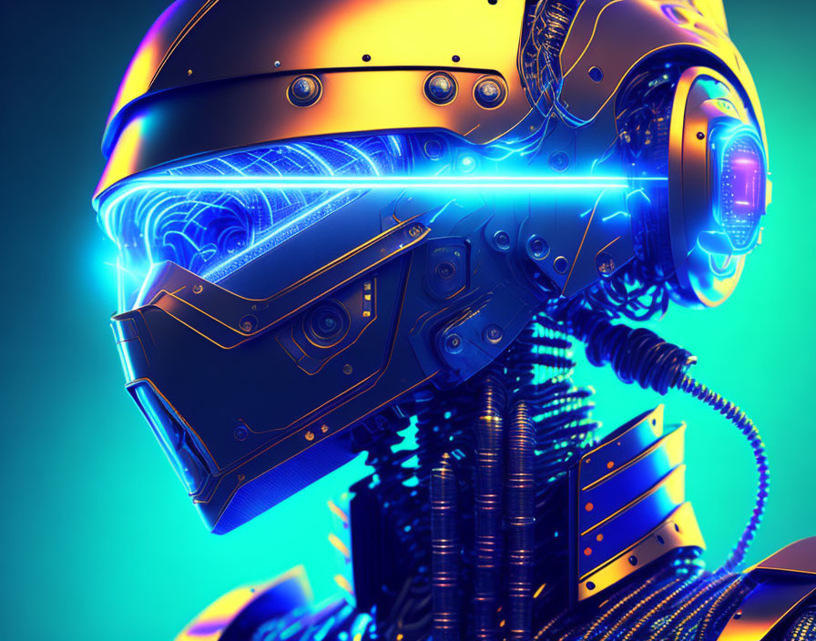 Detailed 3D-rendered robot head with glowing blue lines on neon background