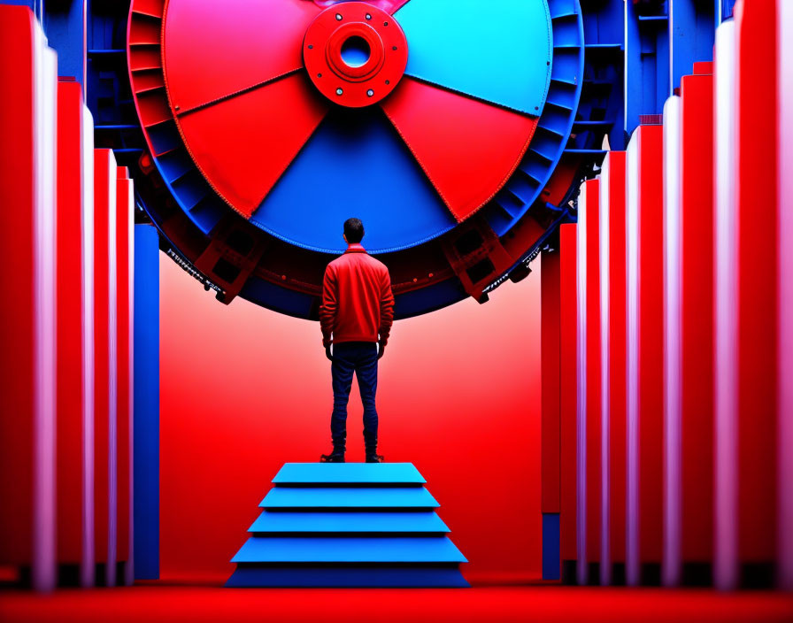 Person in Red Jacket by Large Blue Circular Structure with Red Columns