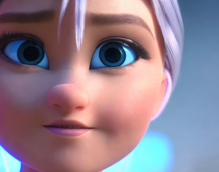 Animated female character: Pale skin, blue eyes, platinum blonde hair with white streak