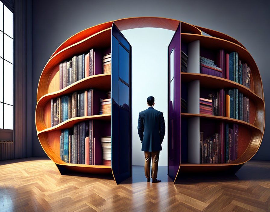 Man in suit standing by large round bookshelf in room with tall window