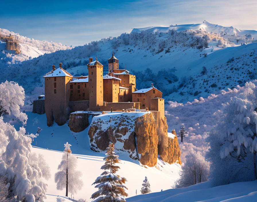 Snowy Cliff Castle: Majestic fortress in wintry landscape with soft sunlight