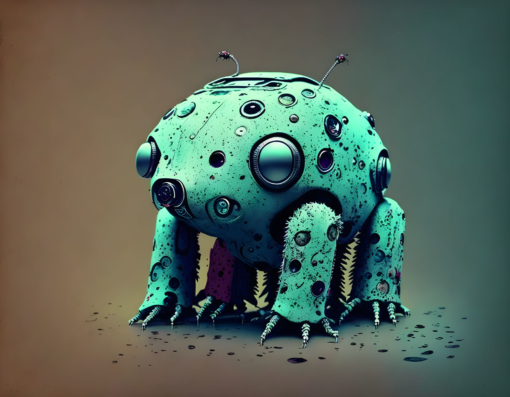 Turquoise spherical robot with antennas and mechanical legs