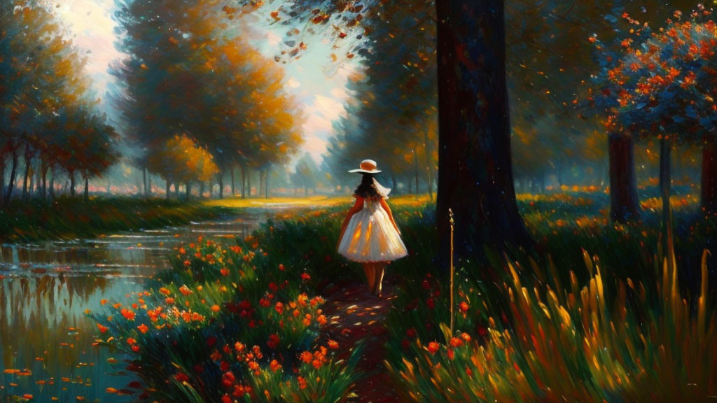 Vibrant forest scene: Person in white dress walking by stream