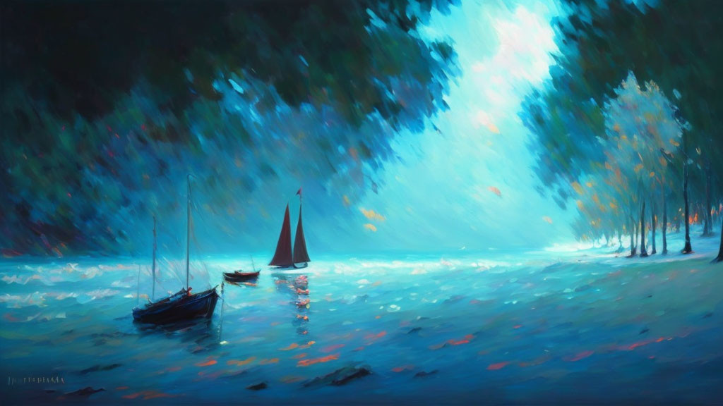 Tranquil seascape with sailboat, trees, and mystical light