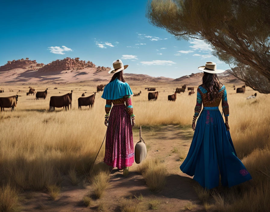 Two women in traditional dresses walking with cattle in a field with mountains in the background.