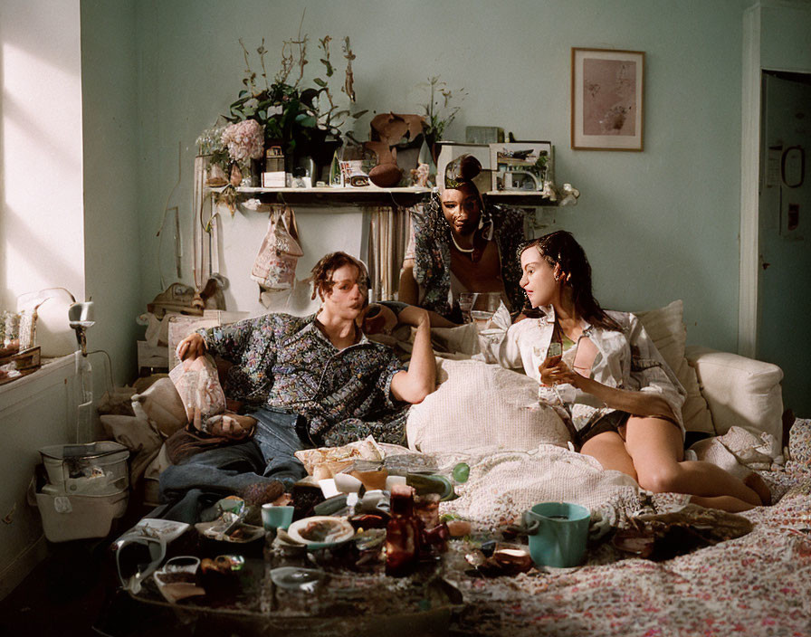 Three young adults in messy room with plants, food, and drinks chatting casually.