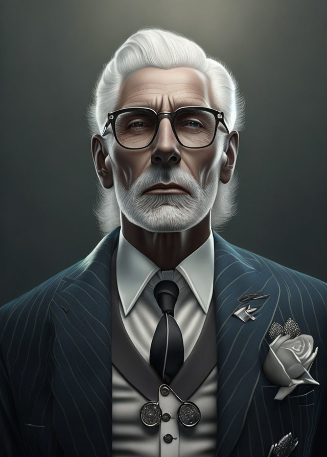 Elegant elderly man with white hair, beard, glasses, pinstripe suit, tie, and