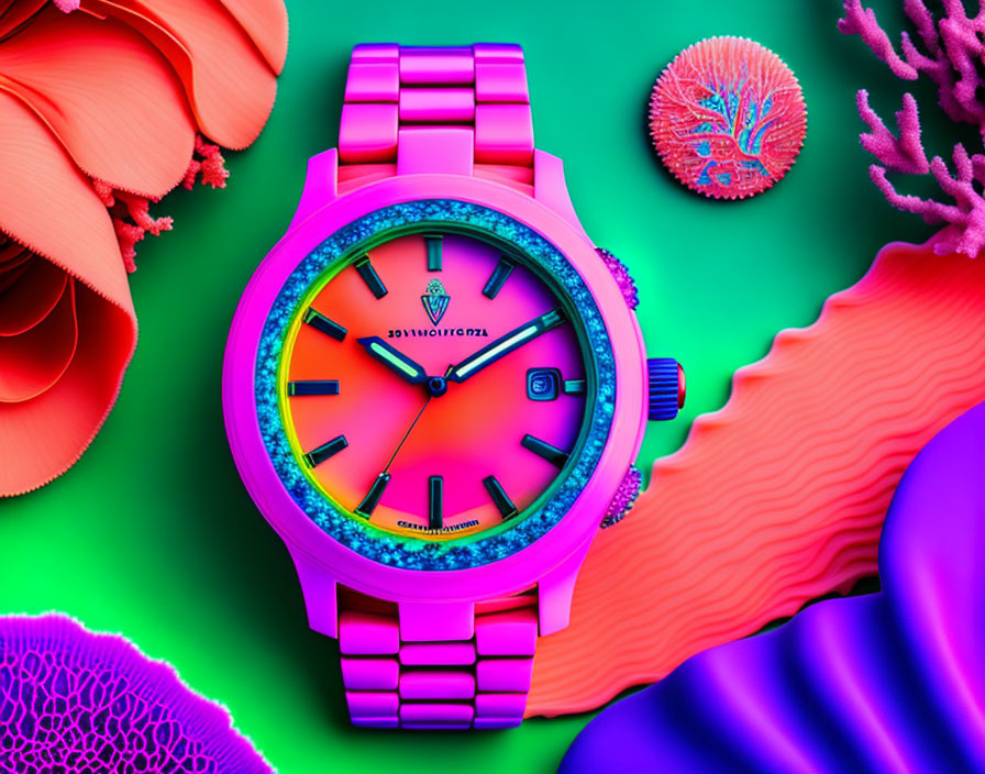 Colorful Gradient Dial on Pink Wristwatch Against Undersea Coral Backdrop