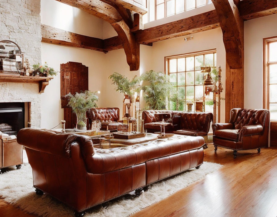 Rustic living room with wooden beams, leather couches, stone fireplace