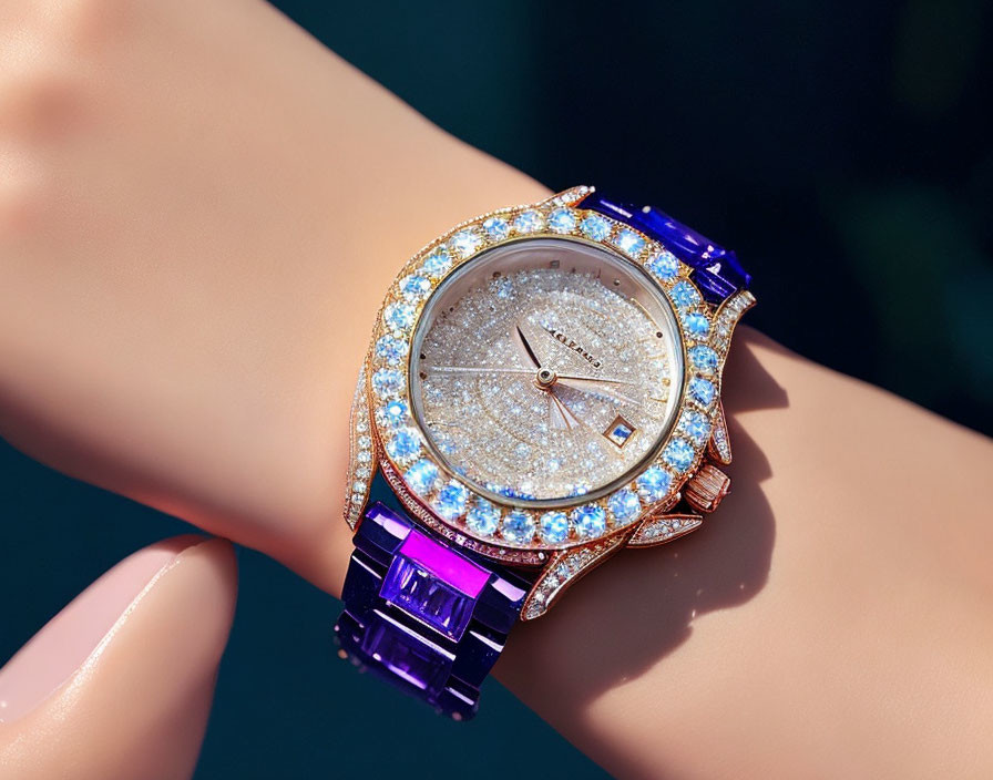 Diamond-encrusted rose gold luxury wristwatch with purple gemstone bracelet