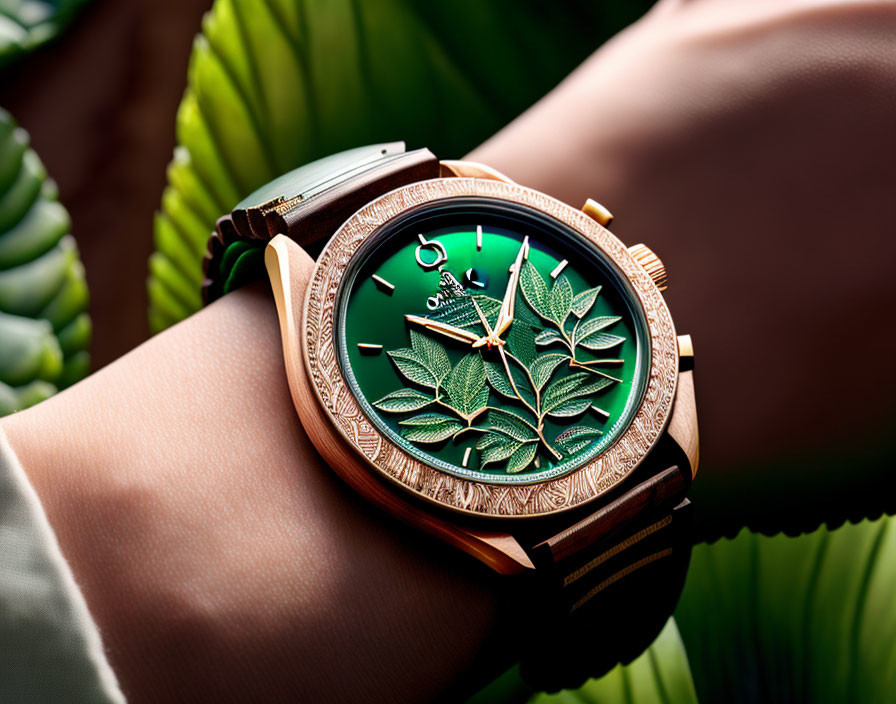 Elegant Rose Gold Watch with Green Face and Leaf Design