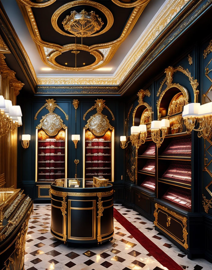 Luxurious Dark Blue and Gold Library with Chandelier and Ornate Shelving